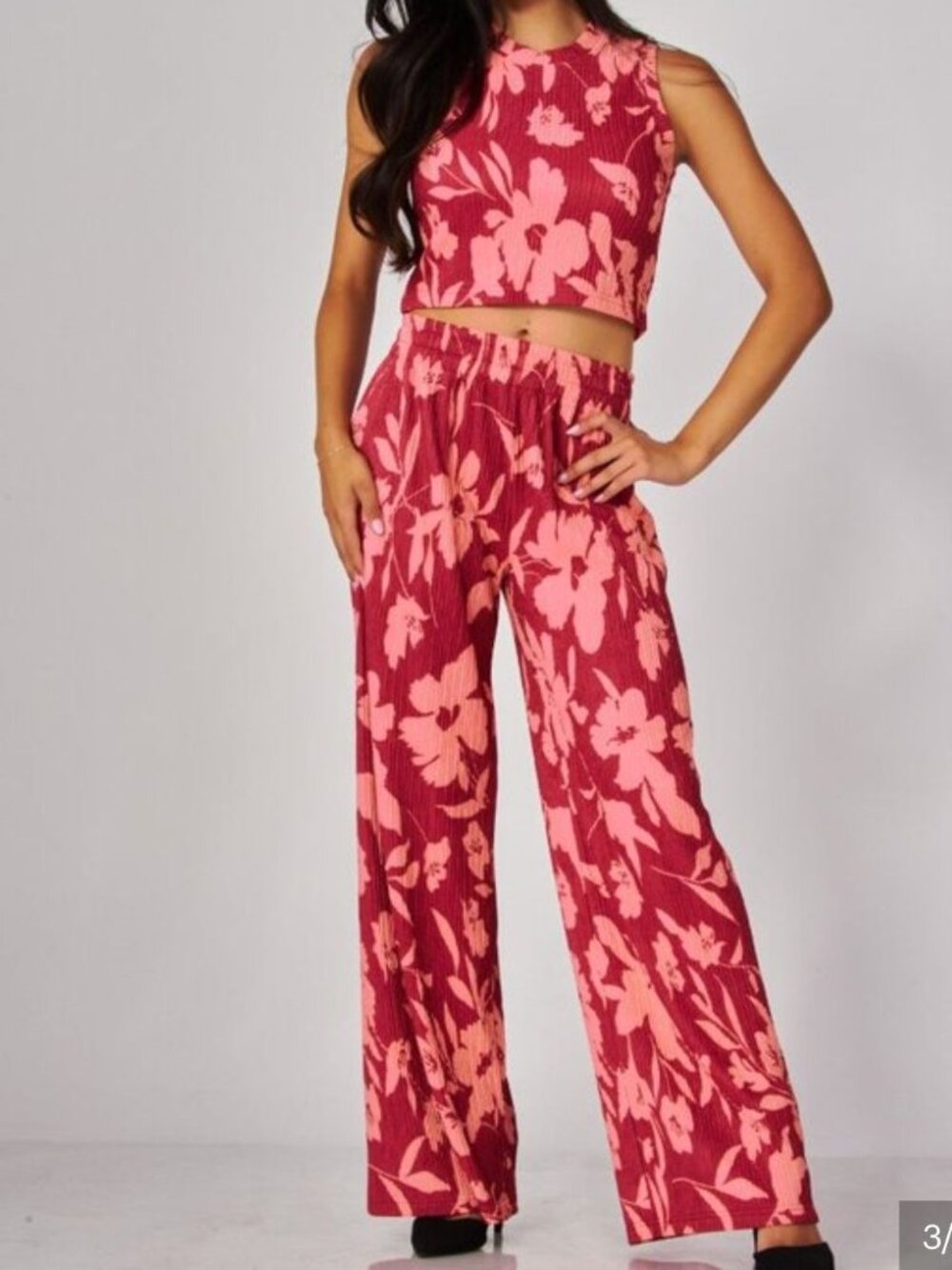 **NWT** Rose Floral Print Crinkle Crop Top & Wide Leg Pant Set